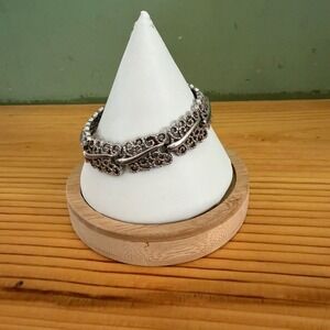 Vintage Monet Silver-Tone Floral Filigree Link Bracelet With Safety Chain MCM